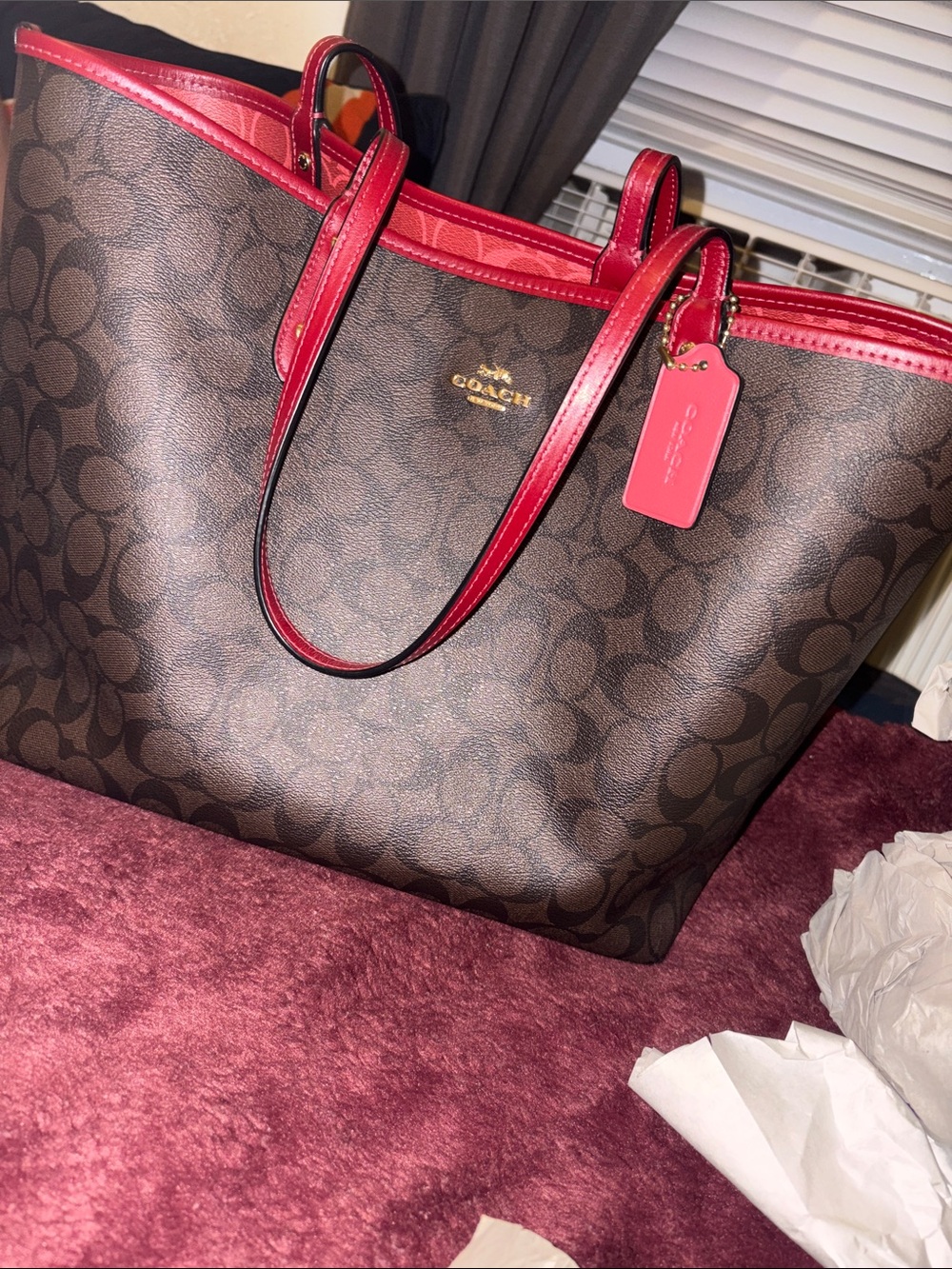 Coach Brown Signature Tote with Red Trim and Matching Red Pouches - Picture 9 of 10